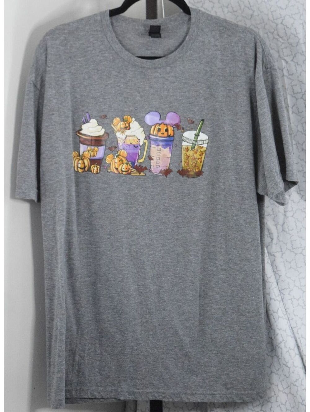 Halloween Pumpkin Spice Drinks Graphic Tee Gray Gildan Softstyle XL